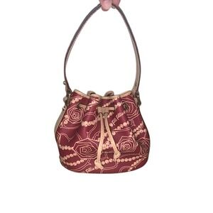 Folli Follie Burgundy Rose Pearl Print Bucket Bag Drawstring Shoulder Handbag